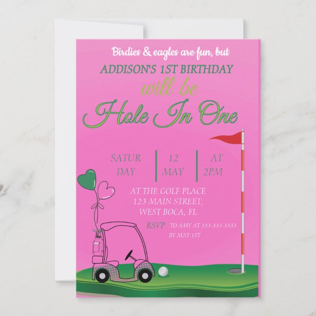Hole In One pink Golf 1st girl Birthday Invitation (Front)