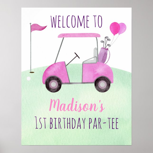 Hole In One Pink Golf Birthday Par-tee Welcome Poster (Front)