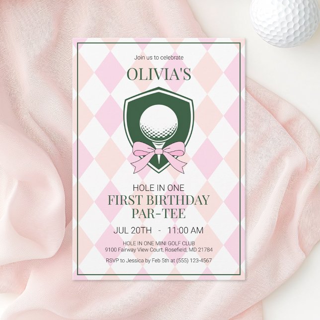 Hole in One Pink Golf Girls 1st Birthday Party Invitation (Hole in One Pink Golf Girl First Birthday Party Invitation)