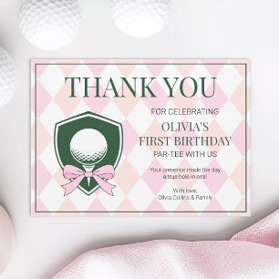 Hole In One Pink Golf Girls Modern 1st Birthday Thank You Card