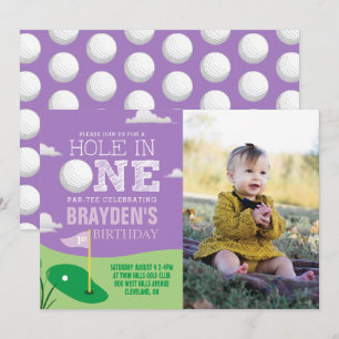 Hole in One Purple Golf Theme Girls First Birthday Invitation