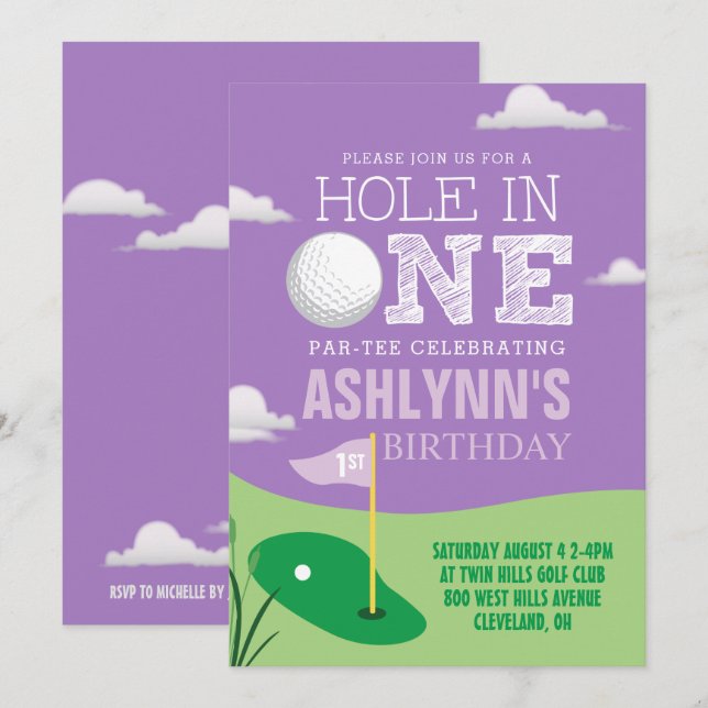 Hole in One Purple Golf Theme Girls First Birthday Invitation (Front/Back)