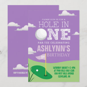 Hole in One Purple Golf Theme Girls First Birthday Invitation