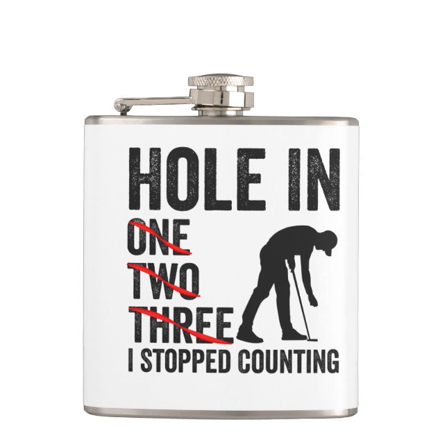 Hole in One two Tree I Stopped Counting Funny Golf Hip Flask (Front)