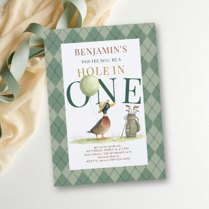 Hole One Golf Lucky Duck Argyle Boy 1st Birthday Invitation