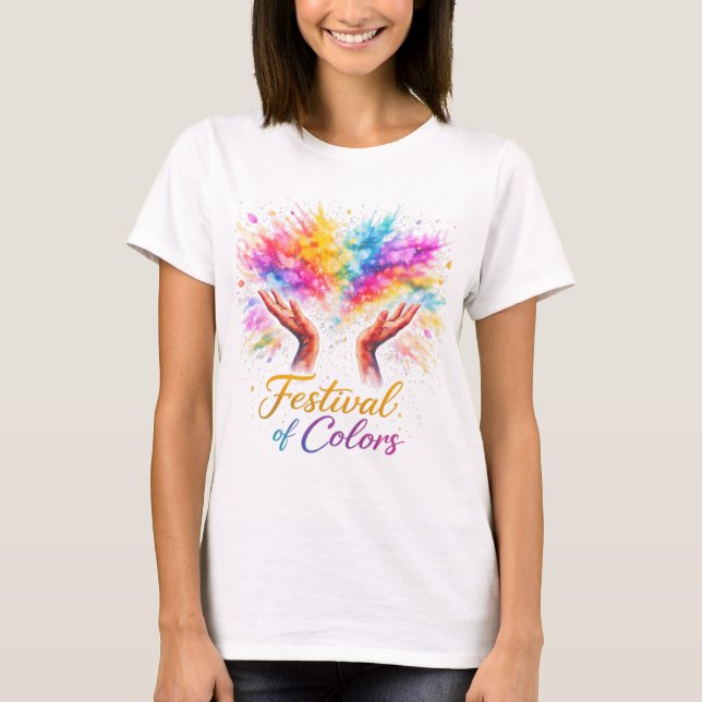 Holi Festival Hands Throwing Colors Watercolor T-Shirt (Front)