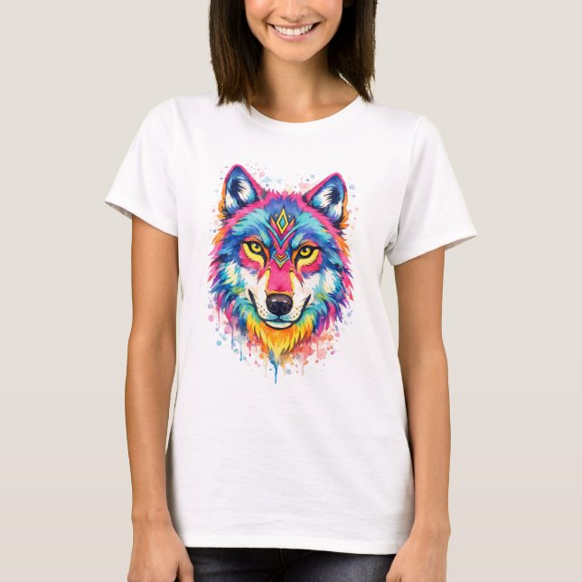 Holi Wolf Watercolor T-Shirt - Blue (Front)