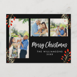 Holiday 3 Photo Card Red Berries & Gold Leaves