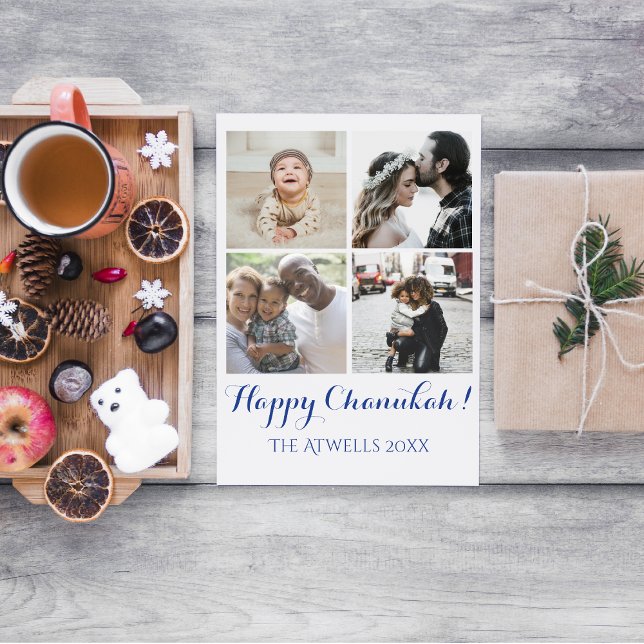 Holiday 4 Photos Happy Chanukah Family White Card (Creator Uploaded)