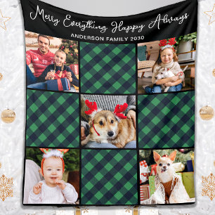 Holiday 5 Photo Collage Personalised Green Plaid Fleece Blanket