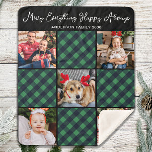 Holiday 5 Photo Collage Personalised Green Plaid Sherpa Blanket