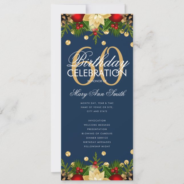 Holiday 60th Birthday Party Program Gold Navy Menu Invitation (Front)