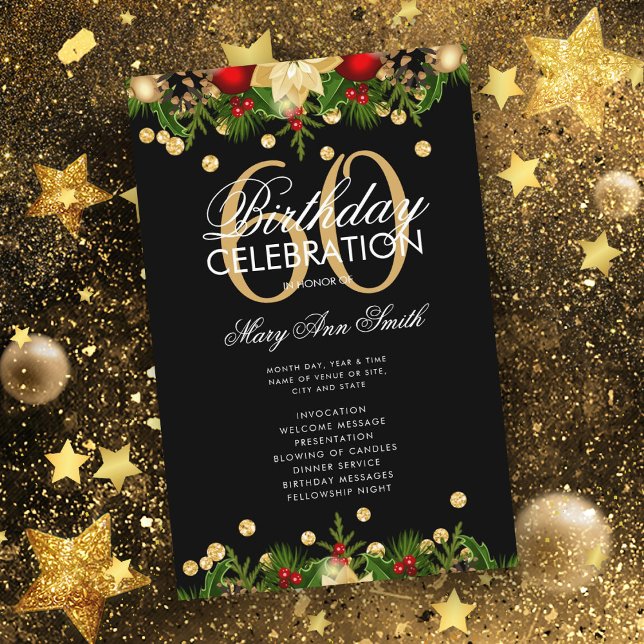 Holiday 60th Birthday Party Program Gold w/ Menu (Creator Uploaded)