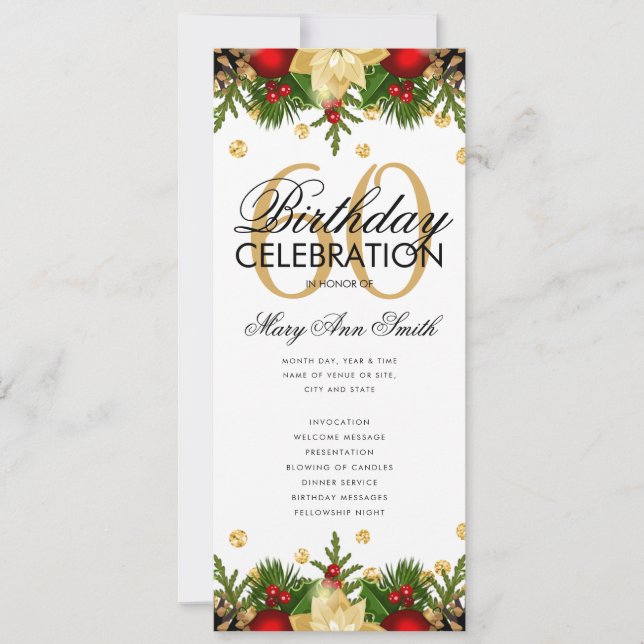 Holiday 60th Birthday Party Program Gold w/ Menu Invitation (Front)