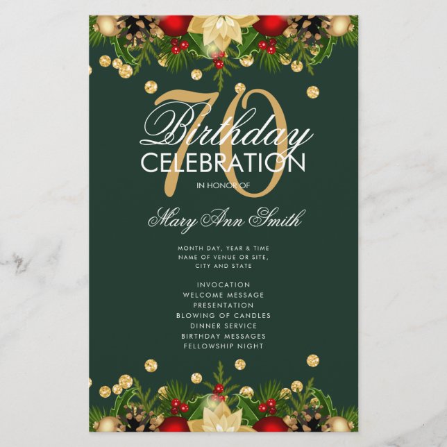 Holiday 70 Birthday Party Program Gold Green Menu (Front)