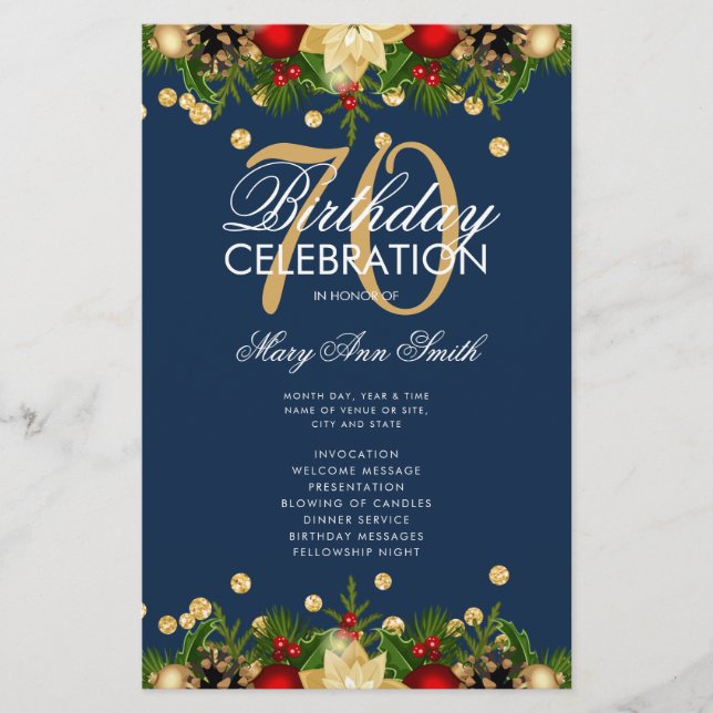 Holiday 70th Birthday Party Program Gold Navy Menu (Front)