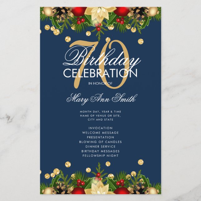 Holiday 70th Birthday Party Program Gold Navy Menu (Front)