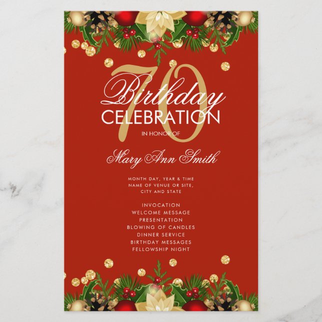 Holiday 70th Birthday Party Program Gold Red Menu (Front)