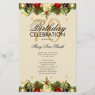 Holiday 70th Birthday Party Program Gold w/ Menu