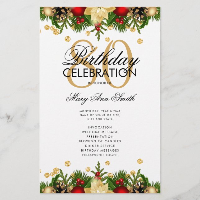 Holiday 80th Birthday Party Program Gold w/ Menu (Front)