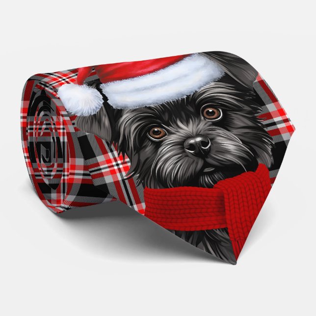 Holiday Affenpinscher Dog Red Plaid Christmas Tie (Rolled)