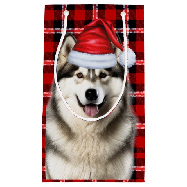 Holiday Alaskan Malamute Dog Fun Plaid Christmas Small Gift Bag (Front)