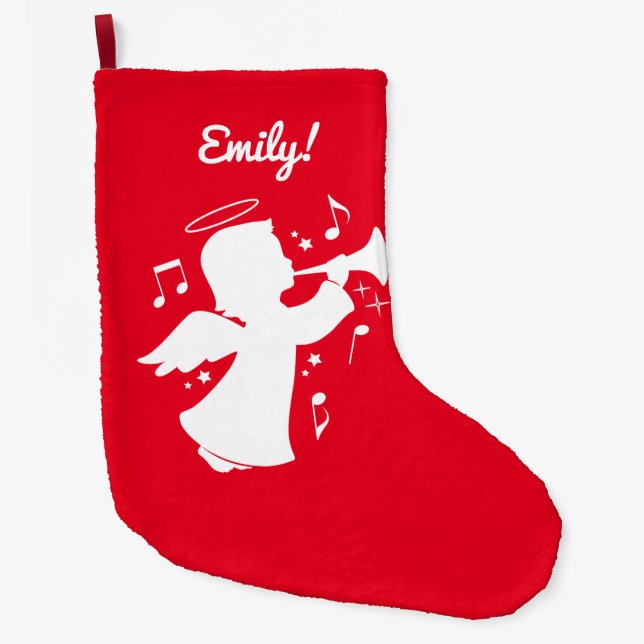 Holiday Angel Blowing Trumpet Name Customisable Large Christmas Stocking (Front)