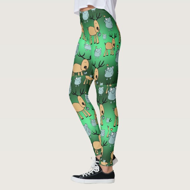 Holiday Animal Tights, Cute Green Christmas  Leggings (Left)