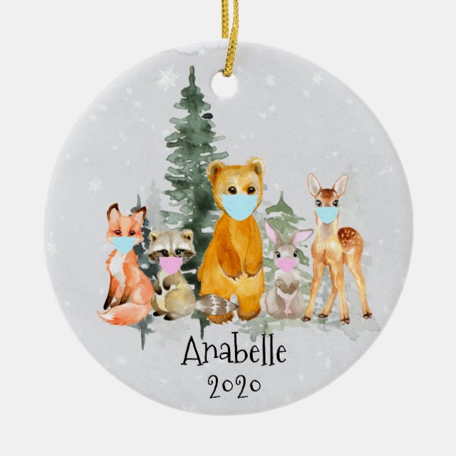 Holiday Animal Woodland personalised Face Mask Ceramic Tree Decoration (Front)