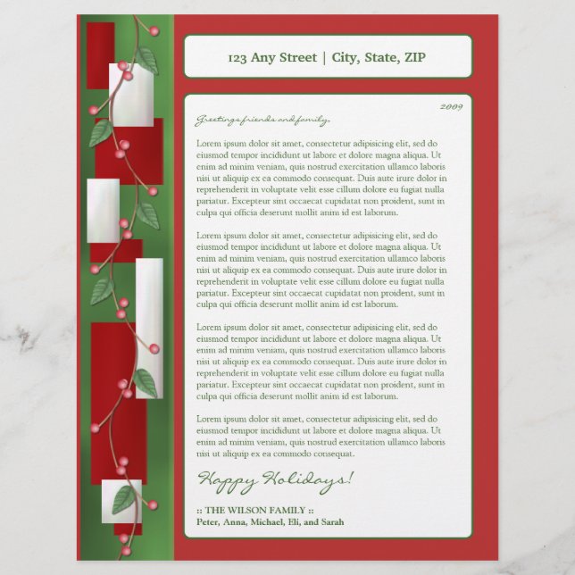 Holiday Annual Newsletter Letterhead: holly berry Customized Letterhead (Front)