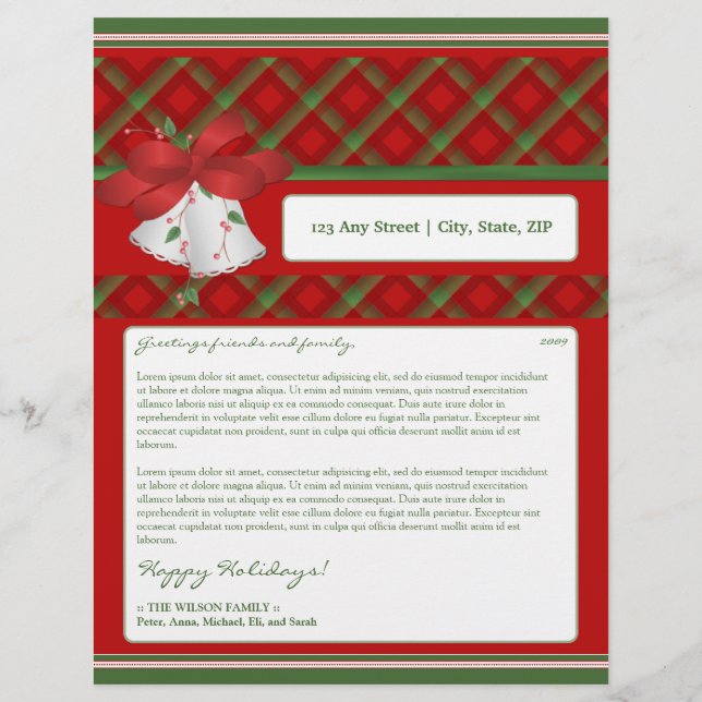 Holiday Annual Newsletter Letterhead: plaid bells Customised Letterhead (Front)