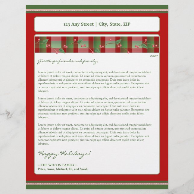 Holiday Annual Newsletter Letterhead: plaid holly Personalized Letterhead (Front)