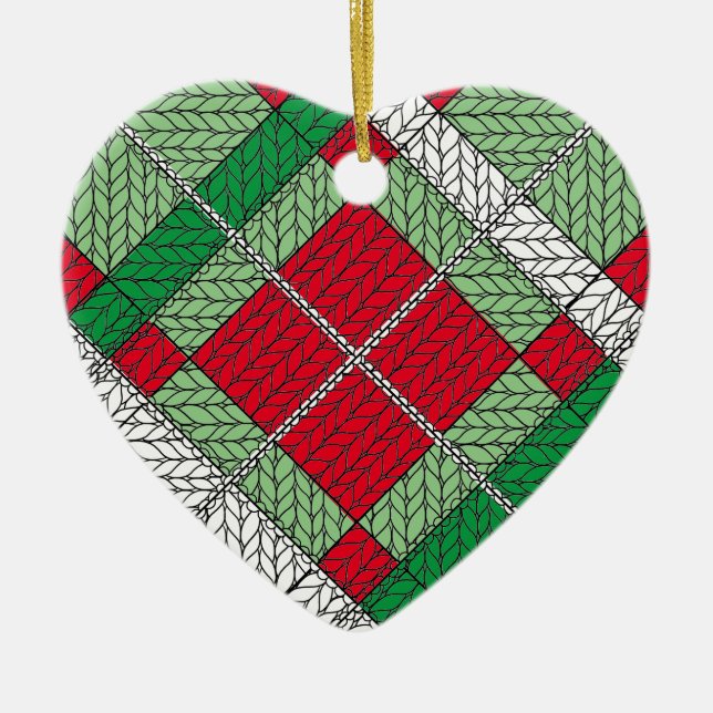 HOLIDAY ARGYLE KNIT Ceramic Heart Ornament (Front)