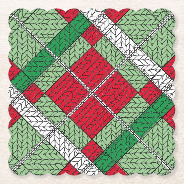 HOLIDAY ARGYLE KNIT Scalloped Square Paper Coaster (Front)