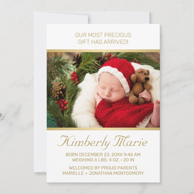 Holiday Baby Birth Elegant Gold Script w/ Photo Announcement (Front)