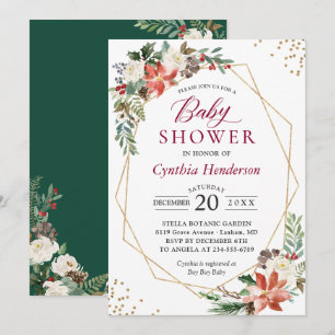 Holiday Baby Shower Xmas Poinsettia Floral Gold Invitation