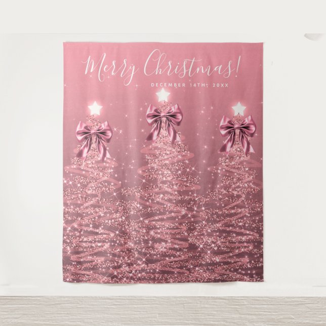 Holiday Backdrop Blush Pink Christmas Trees Bows Tapestry (Front)