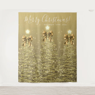 Holiday Backdrop Gold Christmas Trees w/ Bows Tapestry