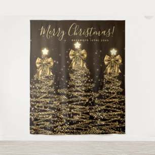 Holiday Backdrop Gold Christmas Trees w/ Bows Tapestry