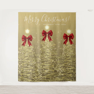 Holiday Backdrop Gold Christmas Trees w/ Red Bows Tapestry