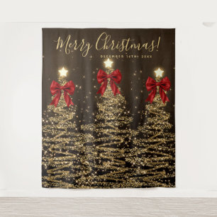 Holiday Backdrop Gold Christmas Trees w/ Red Bows Tapestry