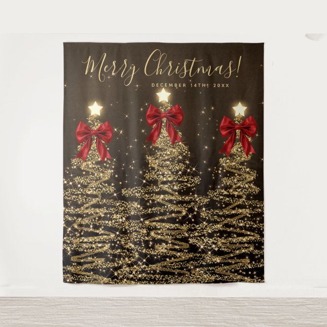 Holiday Backdrop Gold Christmas Trees w/ Red Bows Tapestry (Front)