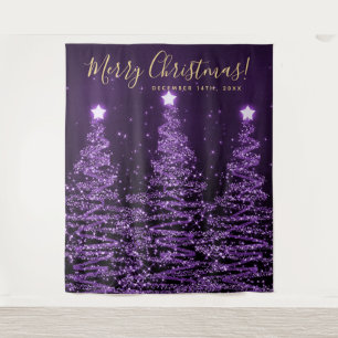 Holiday Backdrop Gold Purple Merry Christmas Trees Tapestry
