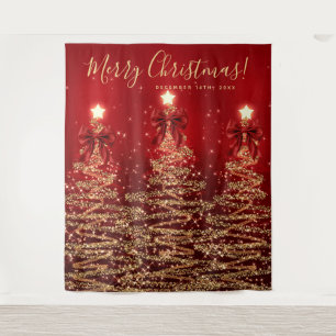 Holiday Backdrop Gold Red Christmas Trees w/ Bows Tapestry