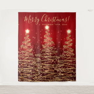 Holiday Backdrop Gold Red Merry Christmas Trees Tapestry