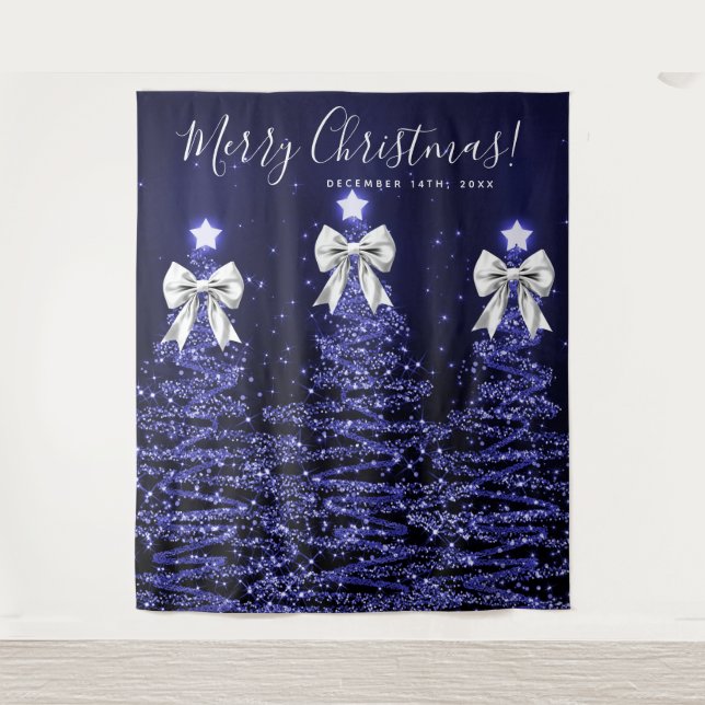 Holiday Backdrop Navy Blue Christmas Trees Silver  Tapestry (Front)