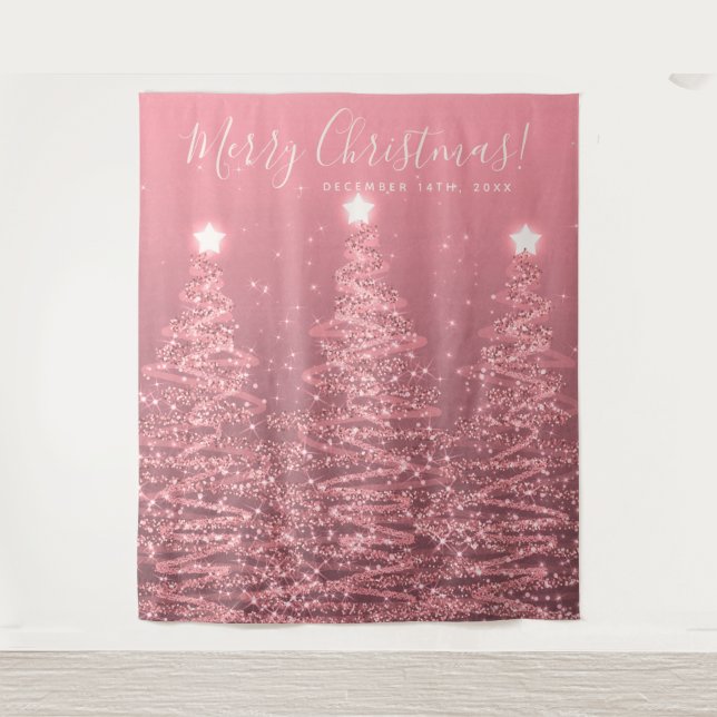 Holiday Backdrop Rose Gold Merry Christmas Tree Tapestry (Front)