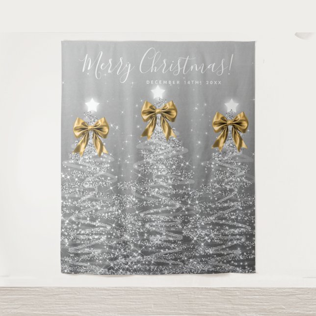 Holiday Backdrop Silver Christmas Trees Gold Bows Tapestry (Front)