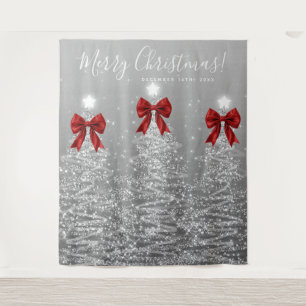 Holiday Backdrop Silver Christmas Trees Red Bows Tapestry