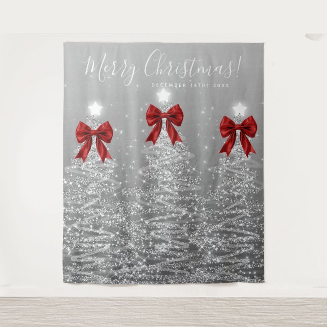 Holiday Backdrop Silver Christmas Trees Red Bows Tapestry (Front)